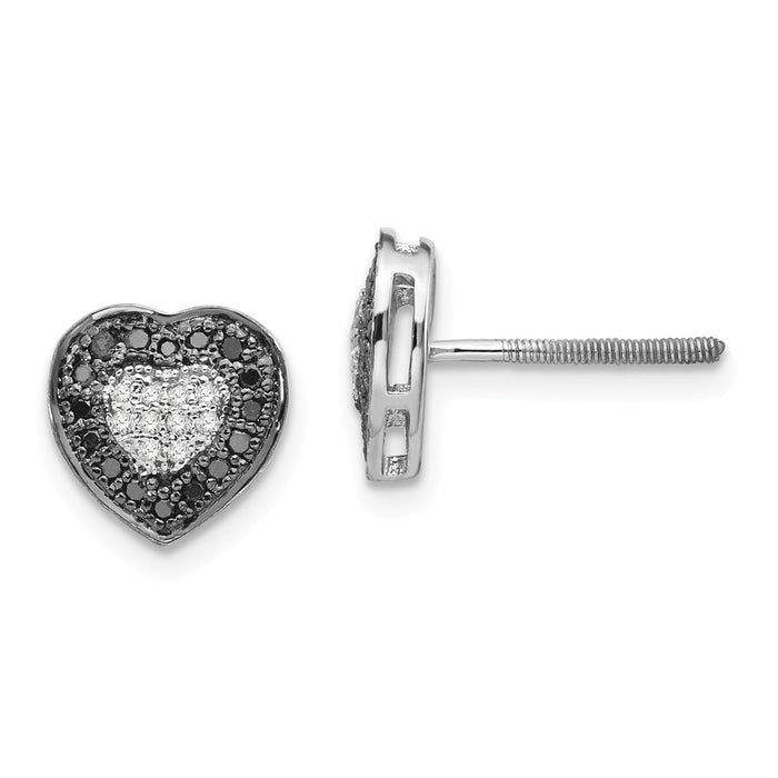 Stella Silver 925 Sterling Silver Rhod Plated Black & White Diamond Heart Earrings, 8mm x 9mm