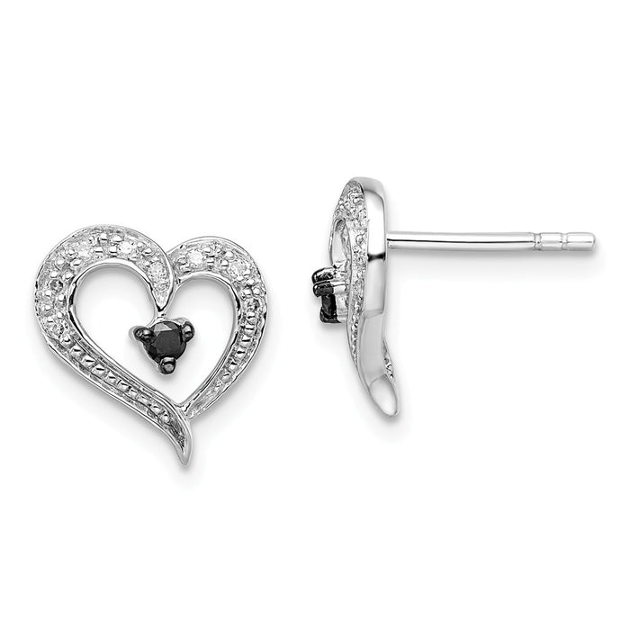 Stella Silver 925 Sterling Silver Rhod Plated Black and White Diamond Heart Post Earrings, 11mm x 12mm