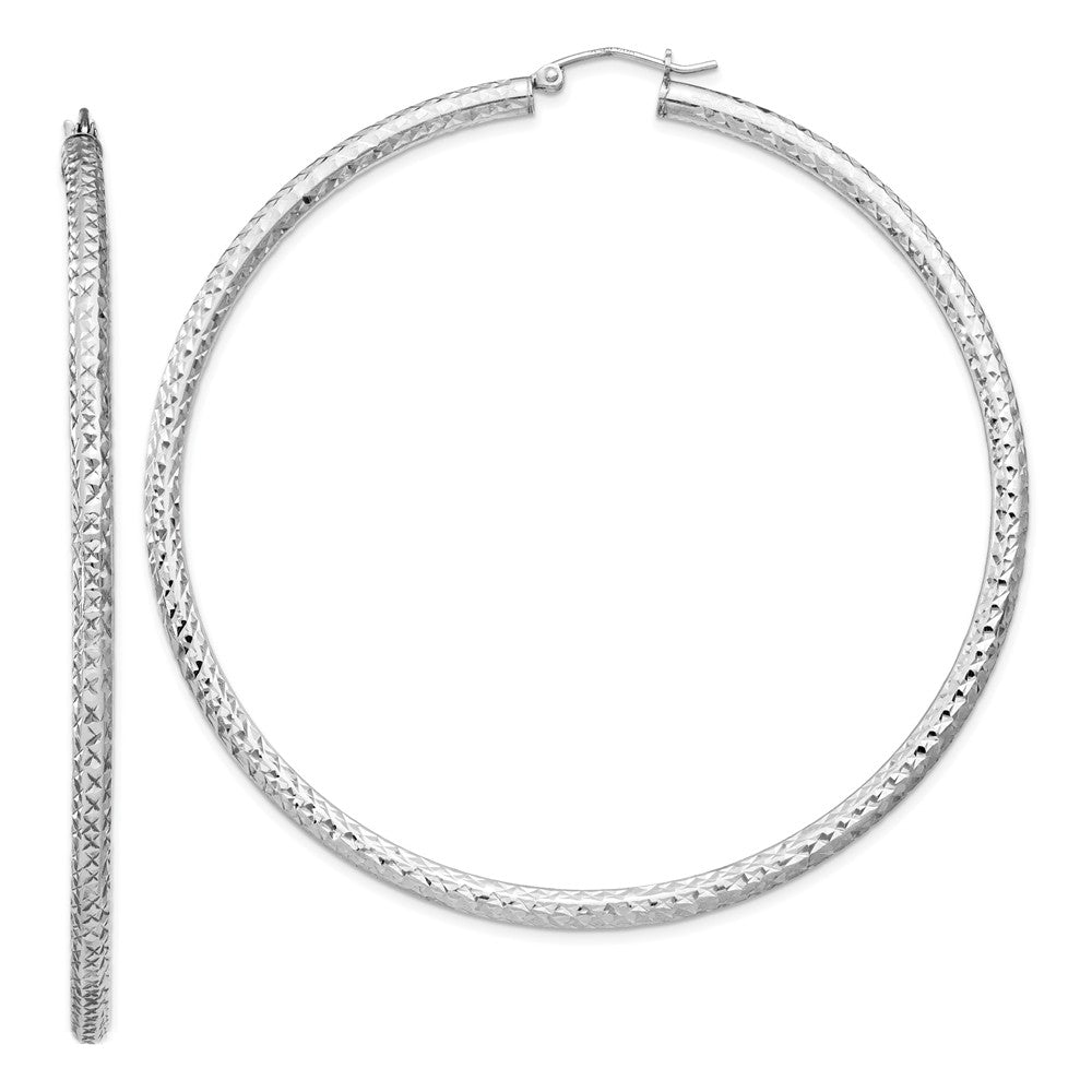 Stella Silver 925 Sterling Silver Rhodium-plated Diamond-Cut 3x70mm Hoop Earrings, 71mm x 71mm