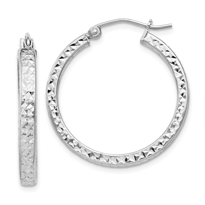 Stella Silver 925 Sterling Silver Rhodium-Plated Diamond-cut 3x25mm Hoop Earrings, 24mm x 24mm