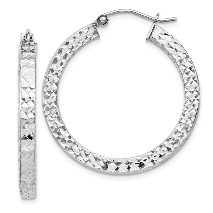 Stella Silver 925 Sterling Silver Rhodium-plated Diamond-Cut 3x30mm Square Tube Hoop Earrings, 30mm x 30mm