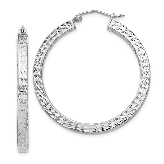 Stella Silver 925 Sterling Silver Rhodium-plated Diamond-Cut 3x35mm Square Tube Hoop Earrings, 34mm x 34mm