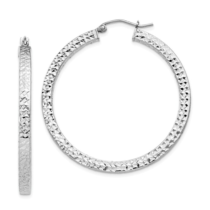 Stella Silver 925 Sterling Silver Rhodium-plated Diamond-Cut 3x40mm Square Tube Hoop Earrings, 40mm x 40mm