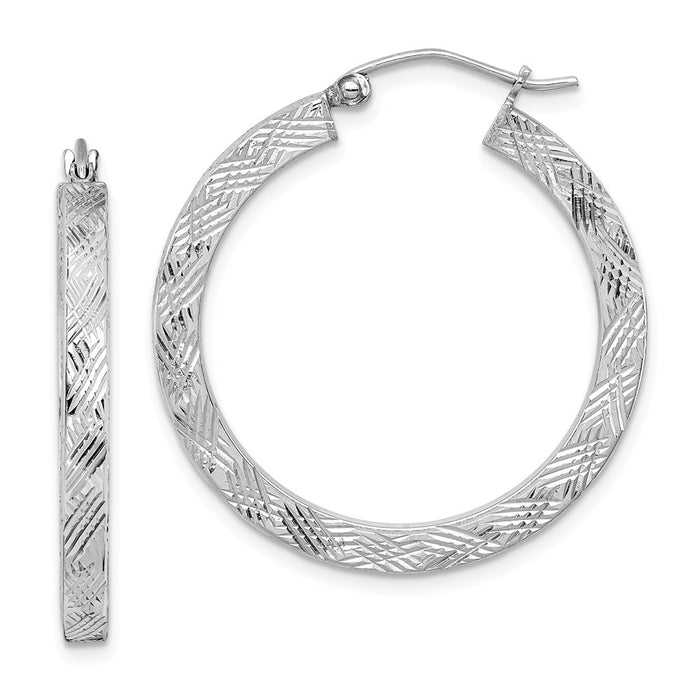Stella Silver 925 Sterling Silver Rhodium-plated Diamond-Cut 3x30mm Square Tube Hoop Earrings, 29mm x 30mm
