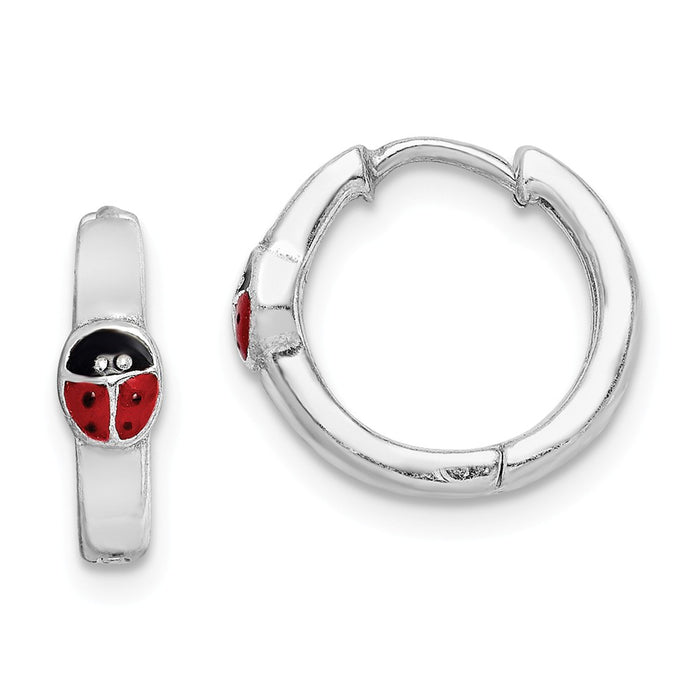 Stella Silver 925 Sterling Silver Rhodium-Plated Enameled Lady Bug Hoop Earrings, 13mm x 14mm