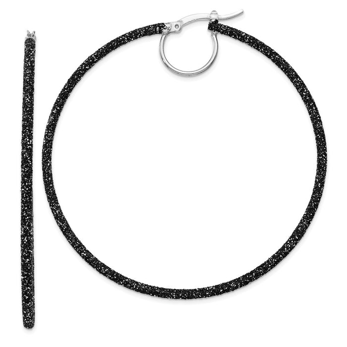 Stella Silver 925 Sterling Silver Rhodium and Black Glitter Enamel Glitter Hoop Earrings, 60mm x 60mm