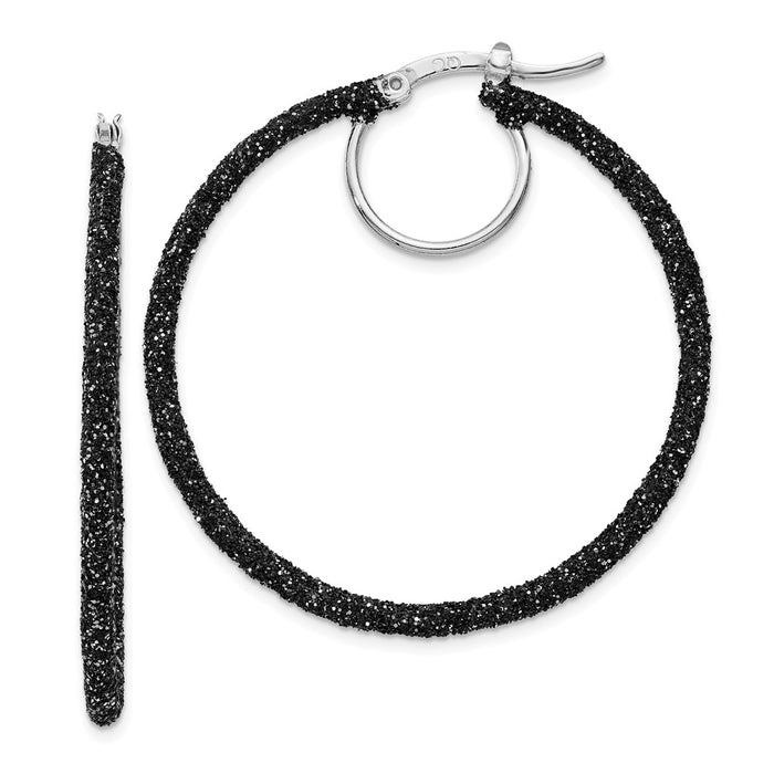 Stella Silver 925 Sterling Silver Rhodium and Black Glitter Enamel Glitter Hoop Earrings, 41mm x 41mm