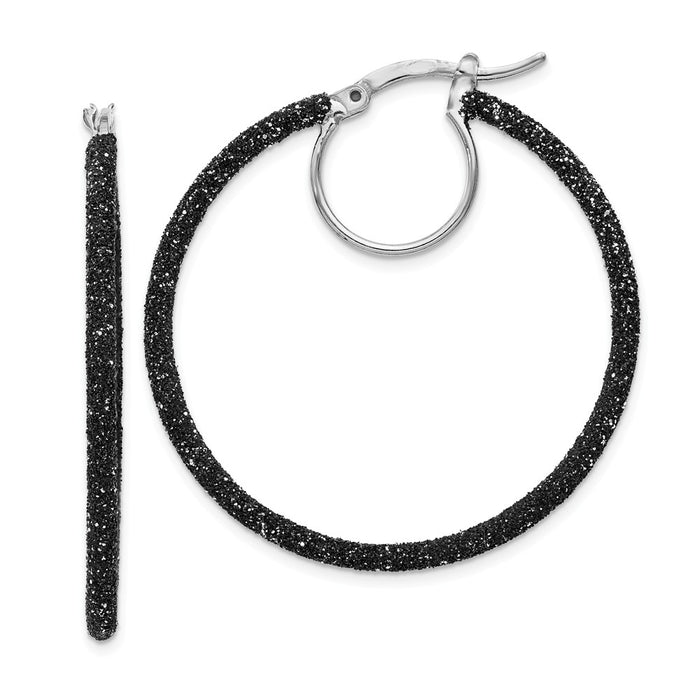 Stella Silver 925 Sterling Silver Rhodium and Black Glitter Enamel Glitter Hoop Earrings, 37mm x 37mm