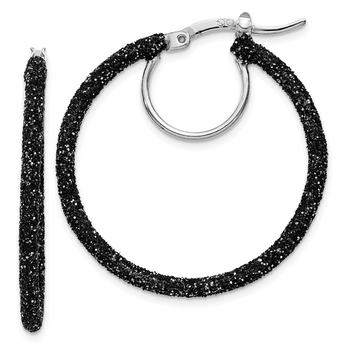 Stella Silver 925 Sterling Silver Rhodium and Black Glitter Enamel Glitter Hoop Earrings, 28mm x 28mm