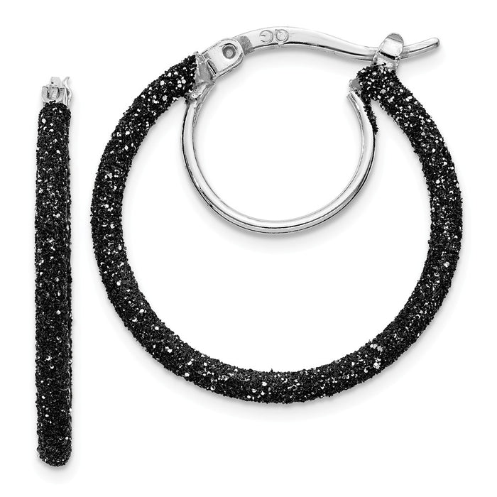 Stella Silver 925 Sterling Silver Rhodium and Black Glitter Enamel Glitter Hoop Earrings, 26mm x 26mm