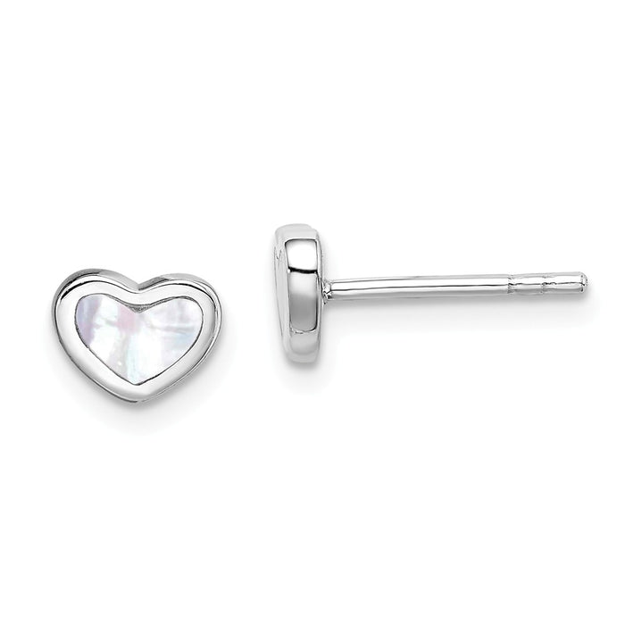 Stella Silver 925 Sterling Silver Rhodium-Plated White Mother of Pearl Heart Post Earrings, 5mm x 7mm