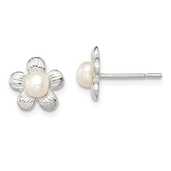 Stella Silver 925 Sterling Silver Flower and Simulated Pearl Post Earrings, 9mm x 10mm