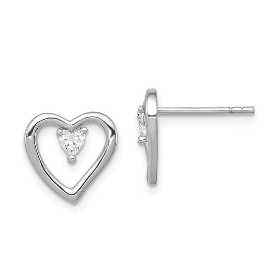 Stella Silver 925 Sterling Silver Rhodium-plated Cubic Zirconia ( CZ ) Polished Heart Post Earrings, 11mm x 10mm