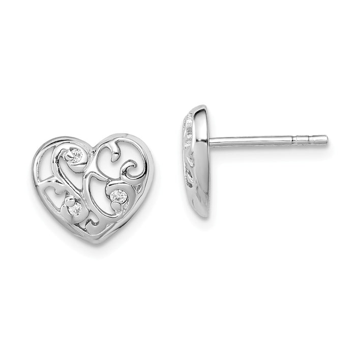 Stella Silver 925 Sterling Silver Rhodium-Plated Cubic Zirconia ( CZ ) Heart Post Earrings, 10mm x 11mm