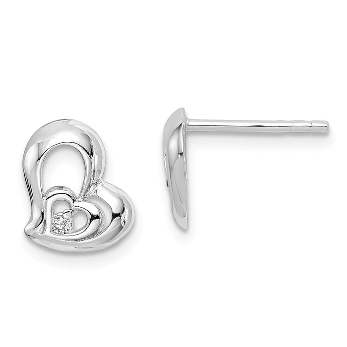 Stella Silver 925 Sterling Silver Rhodium-Plated Cubic Zirconia ( CZ ) Heart Post Earrings, 10mm x 9mm