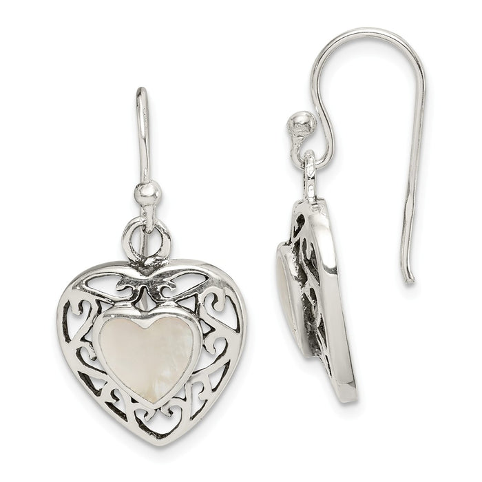 Stella Silver 925 Sterling Silver Mother of Pearl Heart Shepherd Hook Antiqued Earrings, 28mm x 14mm