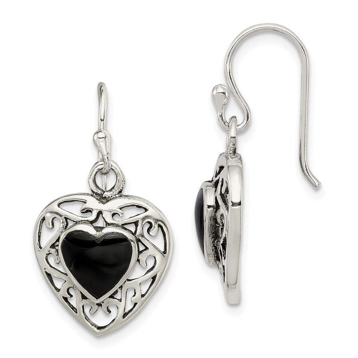 Stella Silver 925 Sterling Silver Onyx Heart Shepherd Hook Antiqued Earrings, 27mm x 14mm