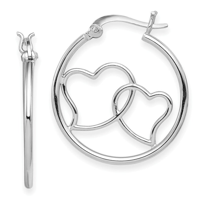 Stella Silver 925 Sterling Silver Rhodium-Plated Double Heart Hoop Earrings, 27mm x 25mm