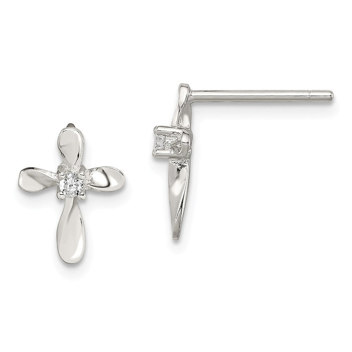 Stella Silver 925 Sterling Silver Rhodium-plated Cubic Zirconia ( CZ ) Cross Post Earrings, 12mm x 8mm