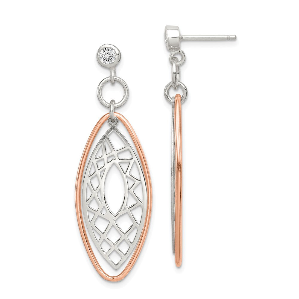 Stella Silver 925 Sterling Silver Polished Rose Vermeil Cubic Zirconia ( CZ ) Post Dangle Earrings, 41mm x 15mm
