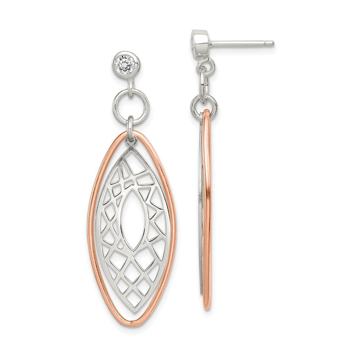 Stella Silver 925 Sterling Silver Polished Rose Vermeil Cubic Zirconia ( CZ ) Post Dangle Earrings, 41mm x 15mm