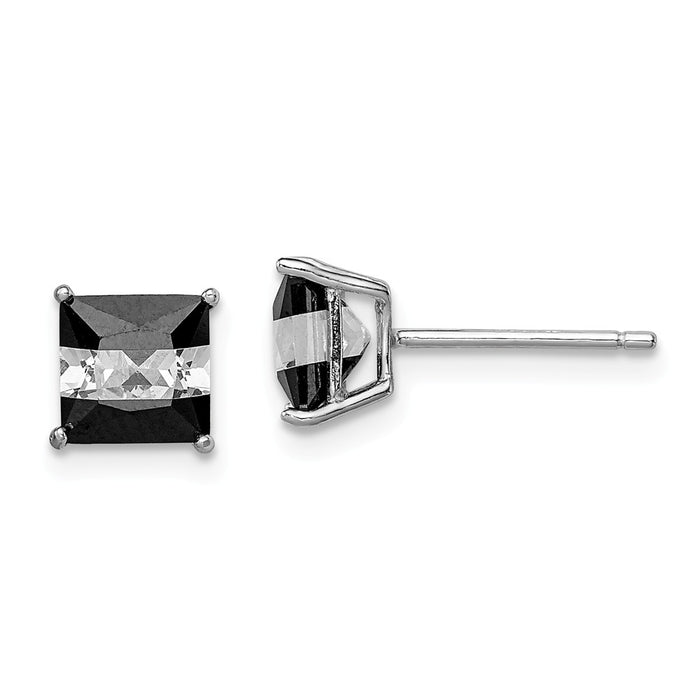 Stella Silver 925 Sterling Silver Rhodium-plated Black & White Cubic Zirconia ( CZ ) 6mm Square Post Earrings, 6mm x 6mm