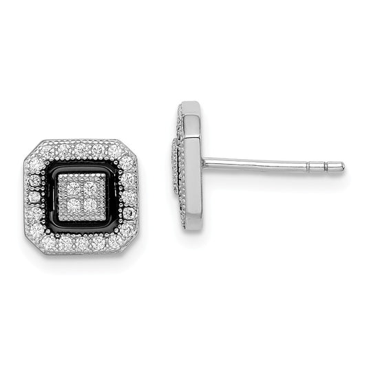 Stella Silver 925 Sterling Silver Rhodium-plated Cubic Zirconia ( CZ ) Pav‚ Black Enamel Square Post Earrings, 8mm x 8mm