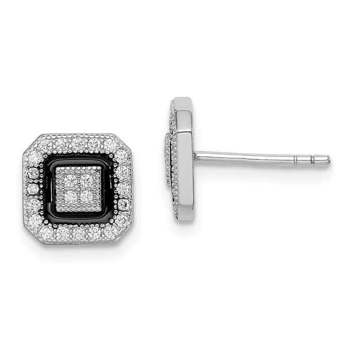 Stella Silver 925 Sterling Silver Rhodium-plated Cubic Zirconia ( CZ ) Pav‚ Black Enamel Square Post Earrings, 8mm x 8mm