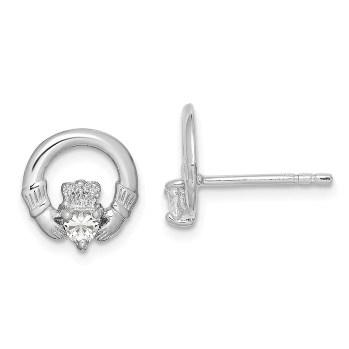 Stella Silver 925 Sterling Silver Rhodium-Plated Cubic Zirconia ( CZ ) Claddagh Post Earrings, 10mm x 10mm