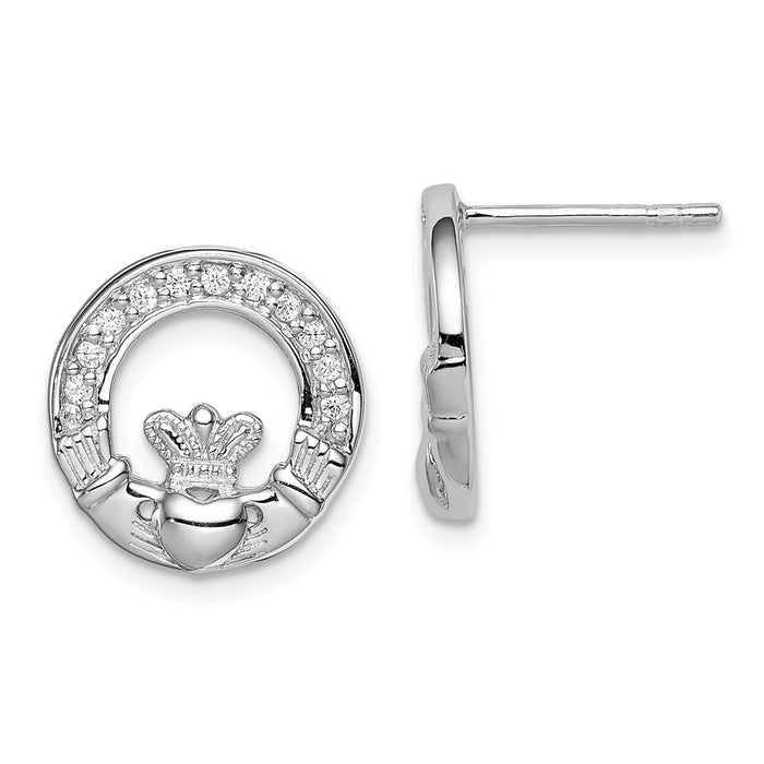 Stella Silver 925 Sterling Silver Rhodium-Plated Cubic Zirconia ( CZ ) Claddagh Post Earrings, 14mm x 14mm