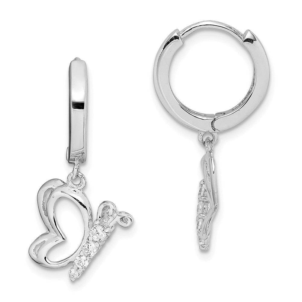 Stella Silver 925 Sterling Silver Rhodium-plated Cubic Zirconia ( CZ ) Butterfly Dangle Hinged Hoop Earrings, 24mm x 13mm