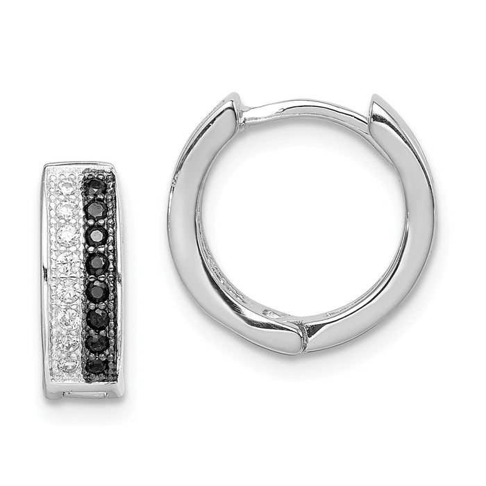 Stella Silver 925 Sterling Silver Rhodium-plated White and Black Cubic Zirconia ( CZ ) Hinged Hoop Earrings, 13mm x 14mm