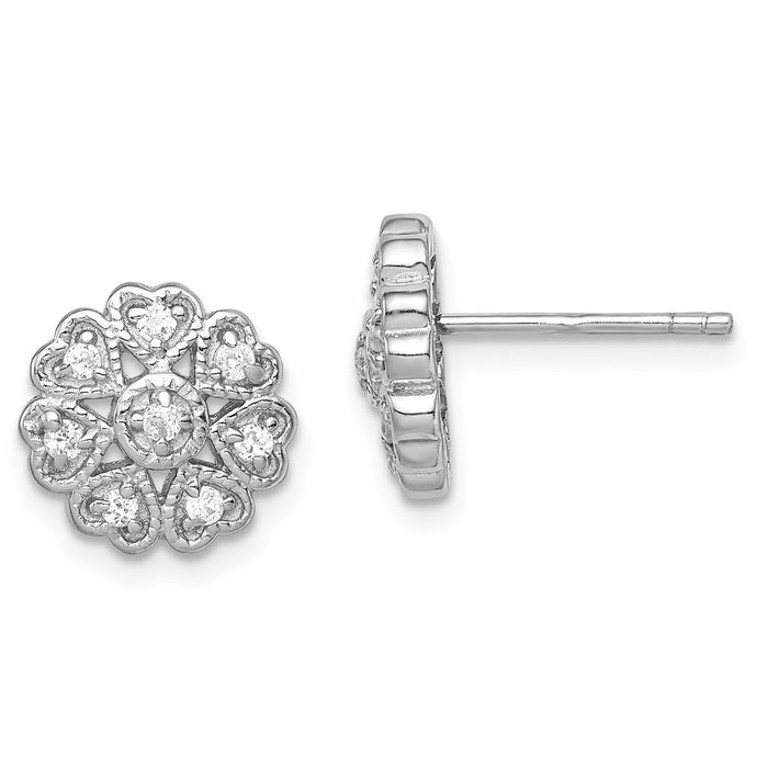 Stella Silver 925 Sterling Silver Rhodium-plated Cubic Zirconia ( CZ ) Flower Heart Post Earrings, 11mm x 11mm