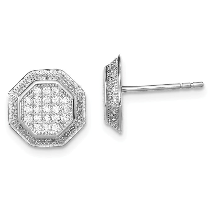 Stella Silver 925 Sterling Silver Rhodium-plated Cubic Zirconia ( CZ ) Pav‚ Hexagon Post Earrings, 10mm x 9mm