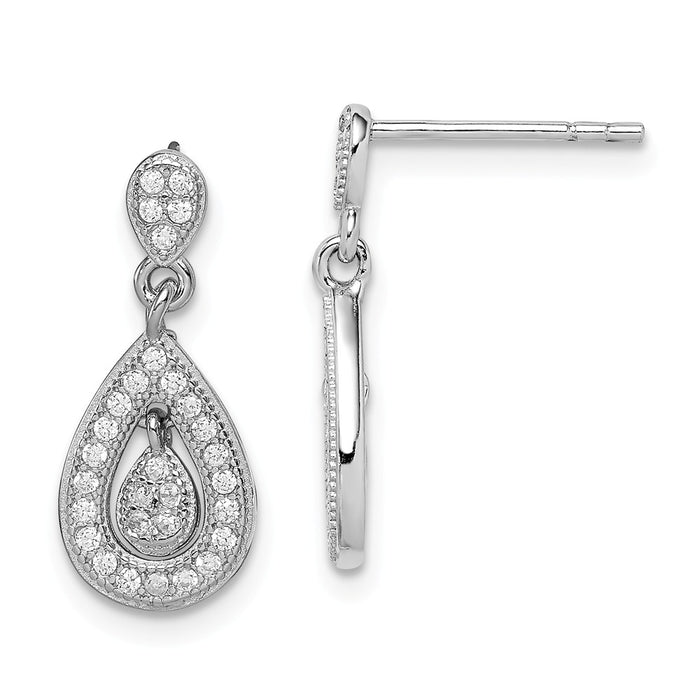 Stella Silver 925 Sterling Silver Rhodium-plated Cubic Zirconia ( CZ ) Pav‚ Double Pear Dangle Post Earrings, 18mm x 8mm