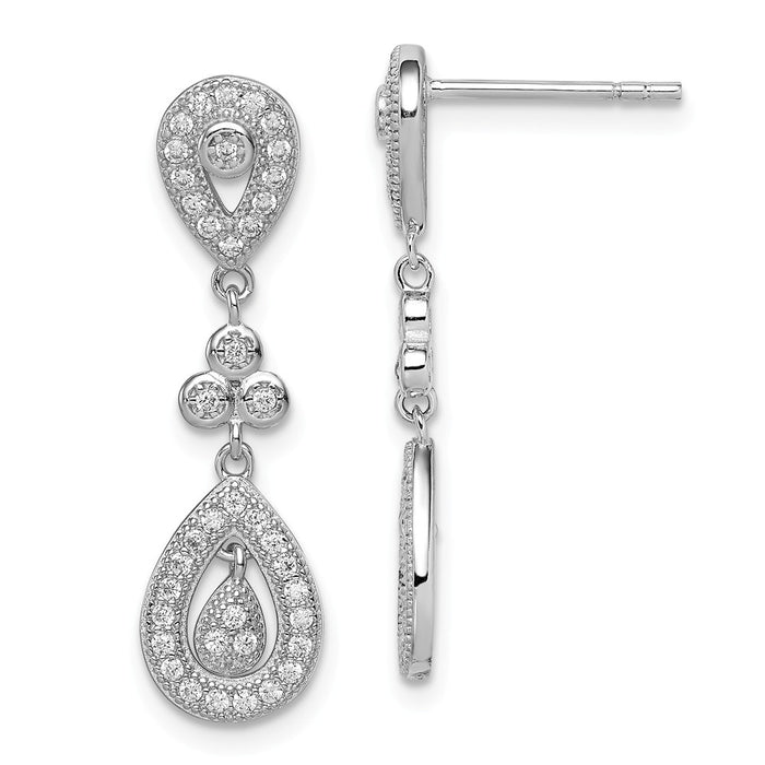 Stella Silver 925 Sterling Silver Rhodium-plated Cubic Zirconia ( CZ ) Pav‚ Pear Dangle Post Earrings, 29mm x 8mm