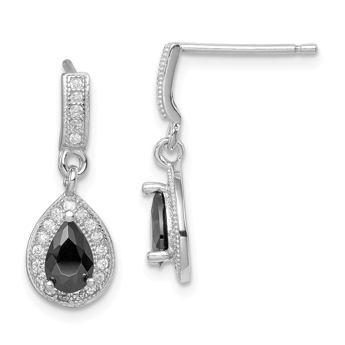 Stella Silver 925 Sterling Silver Rhodium-plated Black & White Cubic Zirconia ( CZ ) Pear Dngle Post Earrings, 18mm x 7mm