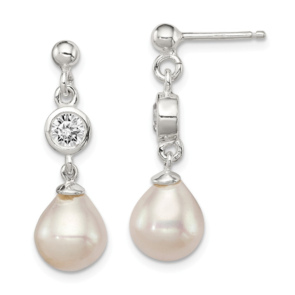Stella Silver 925 Sterling Silver Polished Freshwater Cultured Pearl &Cubic Zirconia ( CZ ) Post Dangle Earrings, 29mm x 9mm