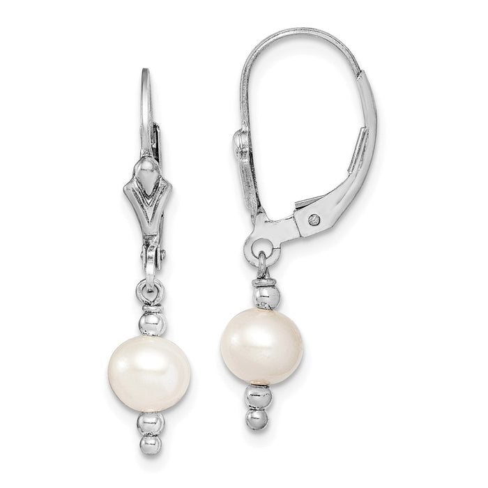 Stella Silver 925 Sterling Silver Rhodium 6-7mm White Freshwater Cultured Pearl & Bead Leverback Earrings, 28mm x 6mm