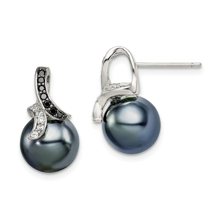 Stella Silver 925 Sterling Silver Blk & Clear Cubic Zirconia ( CZ ) Blk Imitation Shell Pearl Earrings, 19mm x 11mm