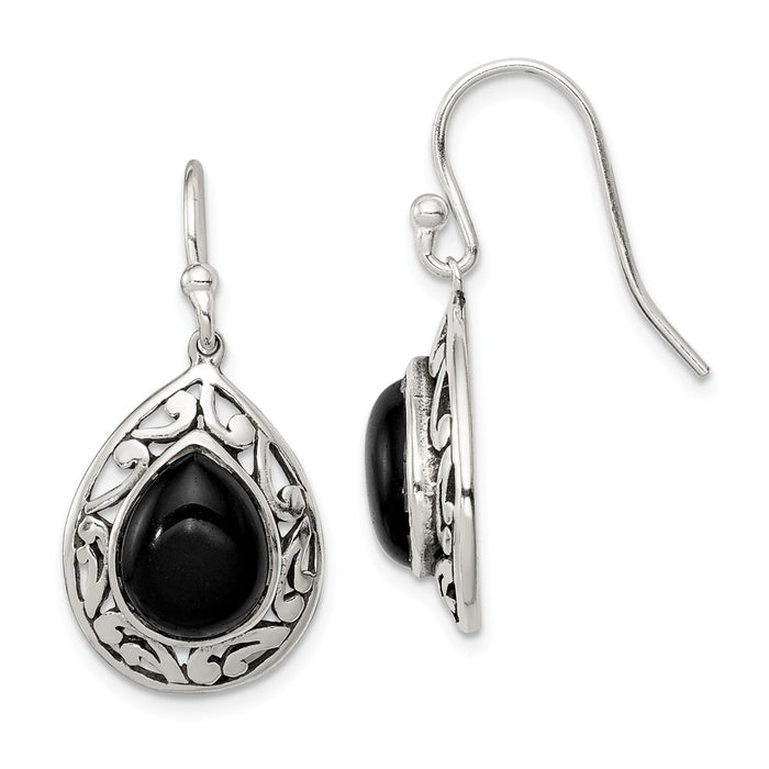 Stella Silver 925 Sterling Silver Onyx Antiqued Shepherd Hook Earrings, 30mm x 14mm