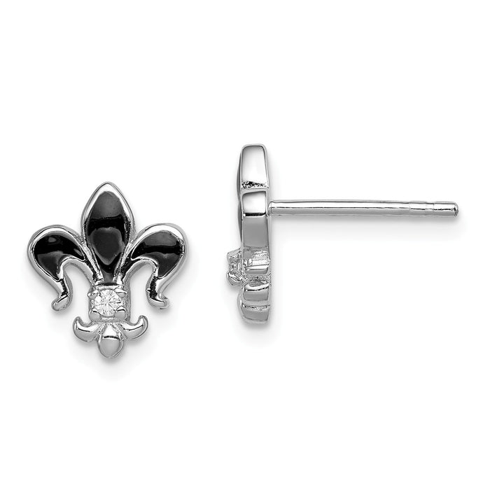 Stella Silver 925 Sterling Silver Rhodium-Plated Cubic Zirconia ( CZ ) & Enamel Fleur de lis Post Earrings, 10mm x 9mm