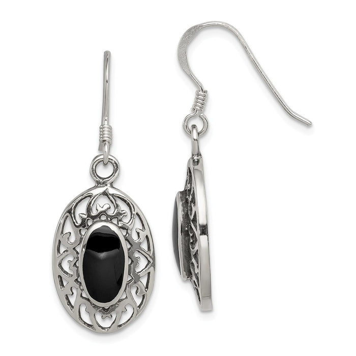 Stella Silver 925 Sterling Silver Oval Black Agate Shepherd Hook Antiqued Earrings, 33mm x 13mm