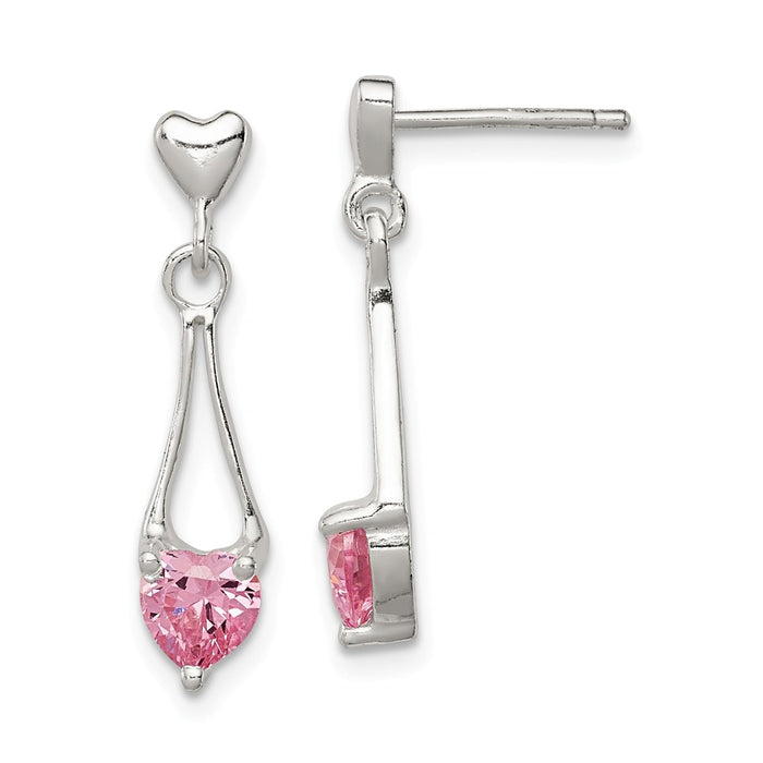 Stella Silver 925 Sterling Silver Polished Pink Cubic Zirconia ( CZ ) Heart Post Dangle Earrings, 22mm x 5mm