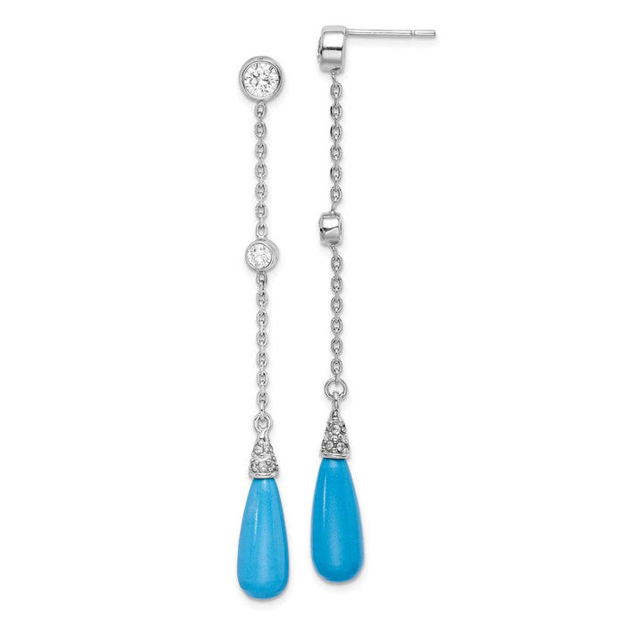 Stella Silver 925 Sterling Silver Rhodium-plated Turquoise Stone & Cubic Zirconia ( CZ ) Post Dangle Earrings, 63mm x 6mm