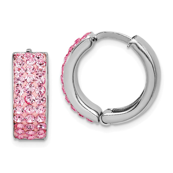 Stella Silver 925 Sterling Silver Rhodium-plated Pink Preciosa Crystal Hinged Hoop Earrings, 15mm x 15mm
