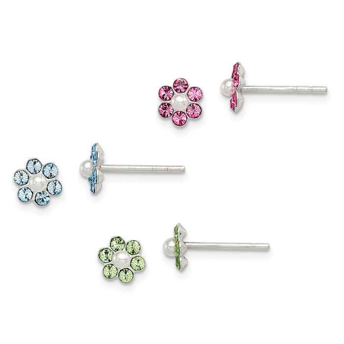 Stella Silver 925 Sterling Silver Stellux Crystal Imitation Pearl Post Flower 3pc Set Earrings, 6mm x 6mm