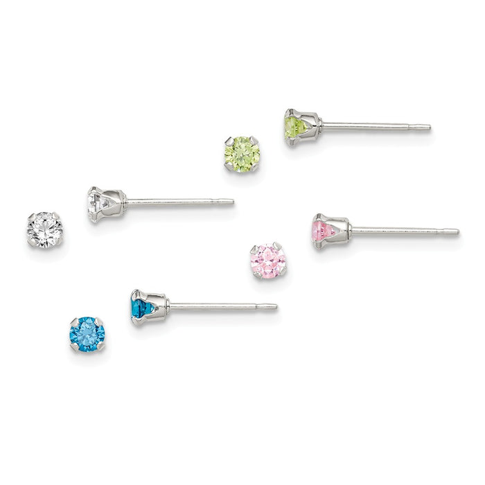 Stella Silver 925 Sterling Silver Stellux Crystal Post 4pc Set Earrings, 3mm x 3mm