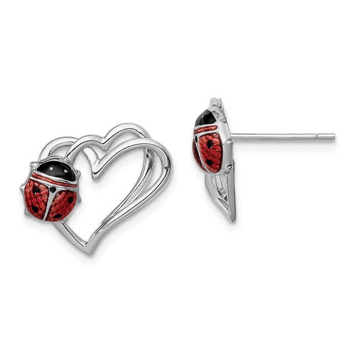 Stella Silver 925 Sterling Silver Rhodium-plated Heart with Enameled Ladybug Post Earrings, 14mm x 15mm