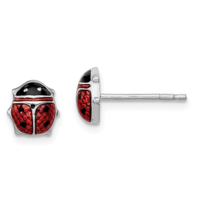 Stella Silver 925 Sterling Silver Rhodium Polished Enameled Lady Bug Post Earrings, 7mm x 6mm